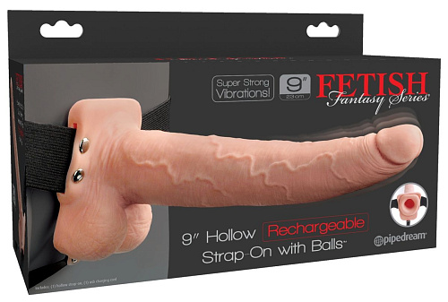 Телесный перезаряжаемый вибрострапон Pipedream 9 Hollow Rechargeable Strap-on with Balls PD3392-21