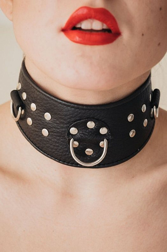 Чёрный кожаный ошейник для эротических игр БДСМ арсенал 55025