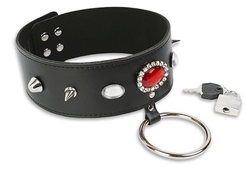 Чёрный дизайнерский ошейник с шипами и кольцом Пикантные штучки DP086