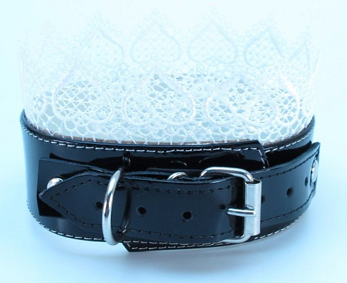 Изящный чёрный ошейник с белым кружевом БДСМ арсенал 810008
