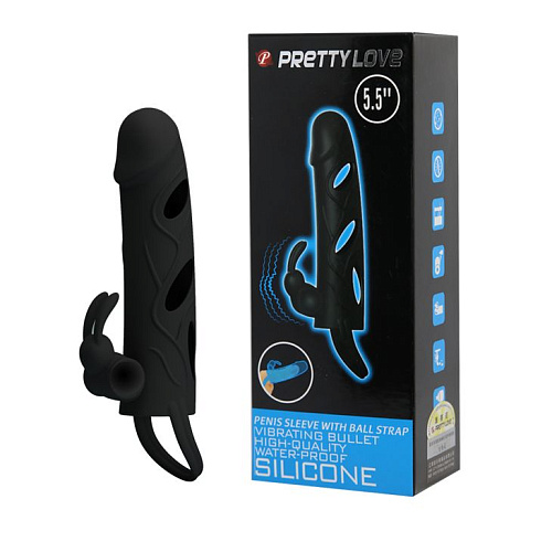 Чёрная насадка с клиторальным вибростимулятором и закрытой головкой Baile BI-026216-0801 (14 см)