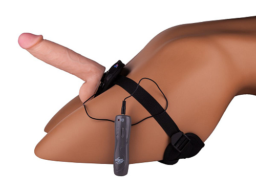 Страпон чёрного цвета с 2 бежевыми насадками и вибрацией LOVETOY (А-Полимер) UniStrap 532313 (19 и 12 см)