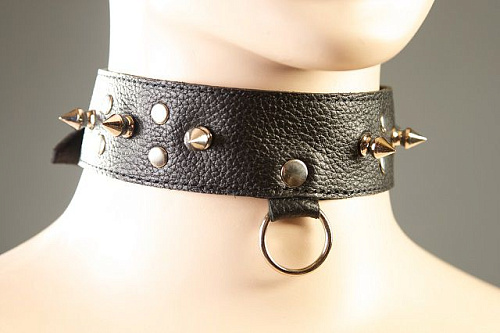 Чёрный кожаный ошейник с шипами и колечком Подиум Р295