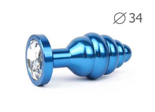 Коническая ребристая синяя анальная втулка с прозрачным кристаллом Anal Jewelry Plug ABL-01-M (8 см)
