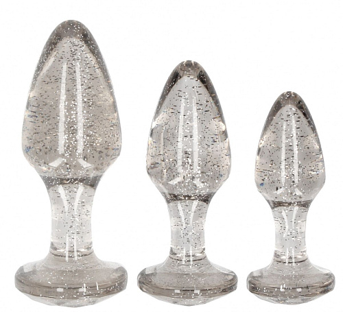 Набор из 3 серебристых анальных пробок Shots Media BV Acrylic Goldchip Butt Plug Set OU479SIL