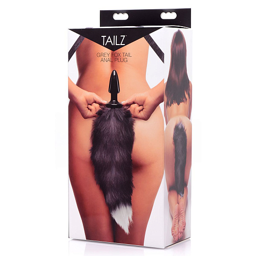 Чёрная анальная пробка с серым лисьим хвостом XR Brands Grey Fox Tail Anal Plug AD657