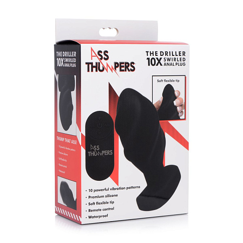 Чёрная анальная вибропробка с пультом ДУ XR Brands The Driller 10X Swirled AG391 (13 см)