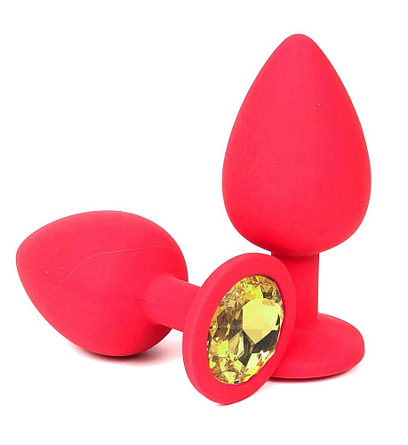 Красная силиконовая анальная пробка с жёлтым стразом Vandersex 122-3RY (9,2 см)