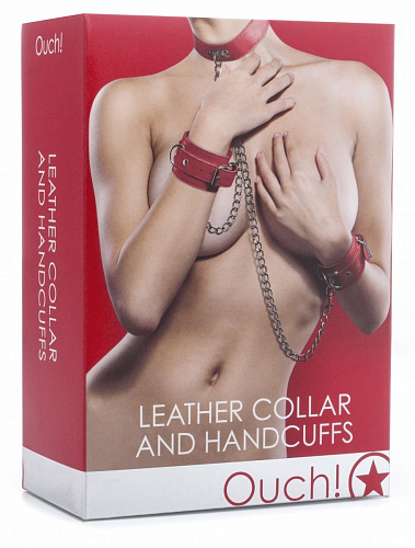 Красный комплект для бондажа Leather Collar and Handcuffs Shots Media BV OU100RED