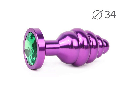 Коническая ребристая фиолетовая анальная втулка с зелёнымм кристаллом Anal Jewelry Plug AV-07-M (8 см)