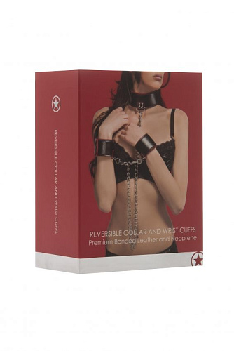 Чёрно-красный двусторонний ошейник с наручниками Reversible Collar and Wrist Cuffs Shots Media BV OU187RED
